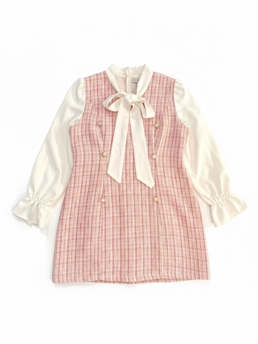 Pink Tweed Mini Dress with Ivory Bow Neck
